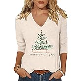 Women's Christmas V Neck Shirt Funny Xmas Party Graphic 3/4 Sleeve Tee Winter Holiday Family Matching Tops Blouse