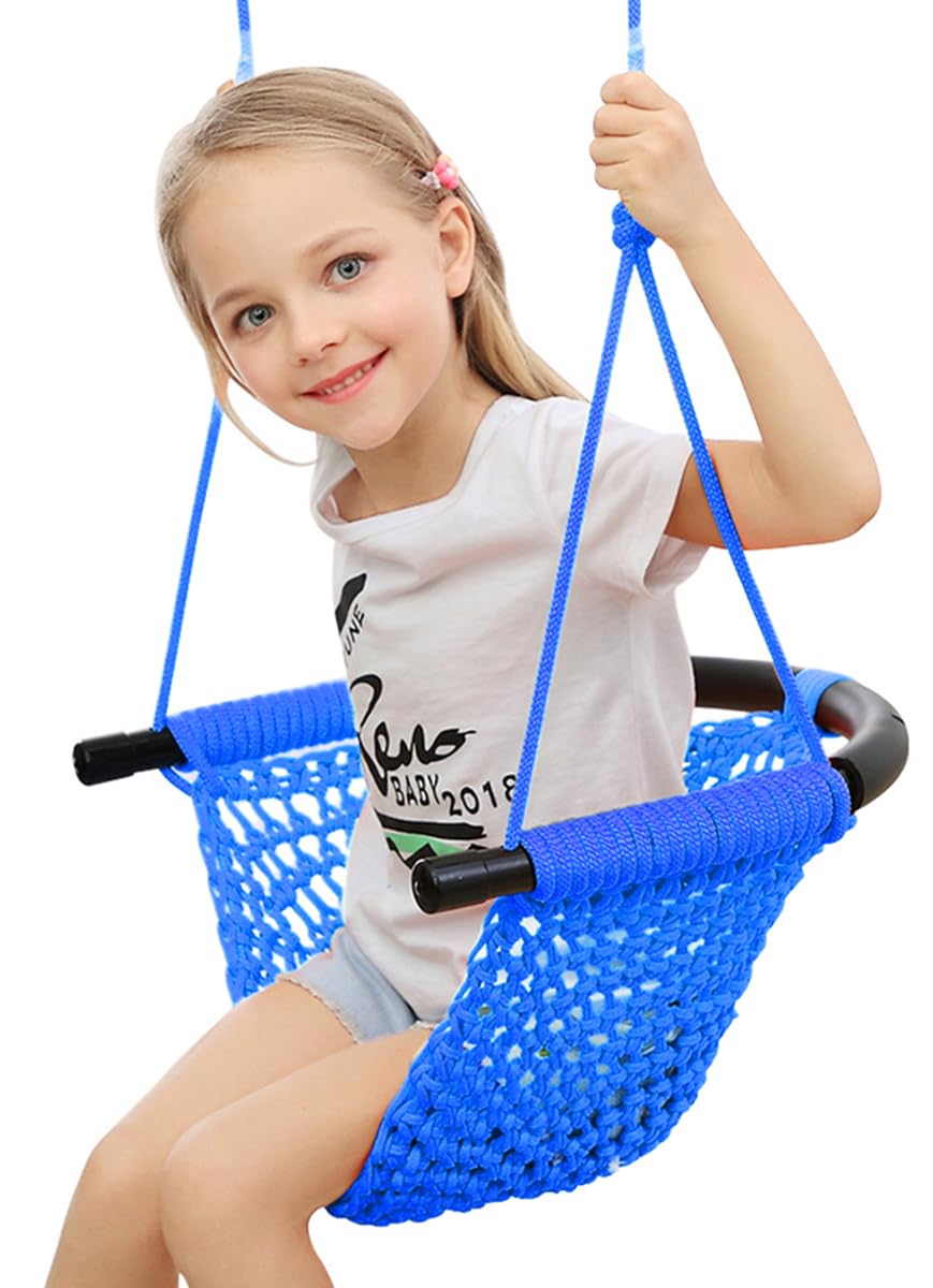 ROPECUBE Hand-Knitting Toddler Swing, Swing Seat for Kids with Adjustable Ropes, Little tikes Swings Set, for Outdoor Indoor, Playground, Backyard (Blue)