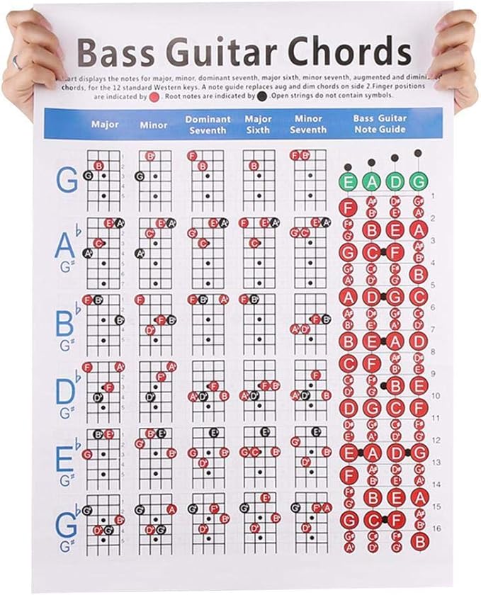 Electric Bass Guitar Chord Chart 4 String Coated Paper Bass Guitar Chord Chart Amazon Co Uk Musical Instruments