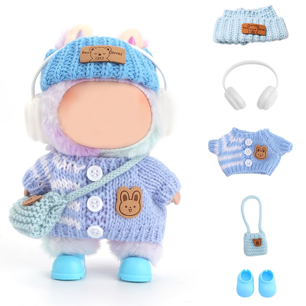 FIDWALL Doll Clothes for Labubu,5-Piece Outfit Set for 17cm Dolls,Handcrafted Crochet Clothing with Knitted Headband,Headphones,Shoulder Bag & Shoes,Lovely Doll Accessories (No Doll) (Misty Blue) — image 1