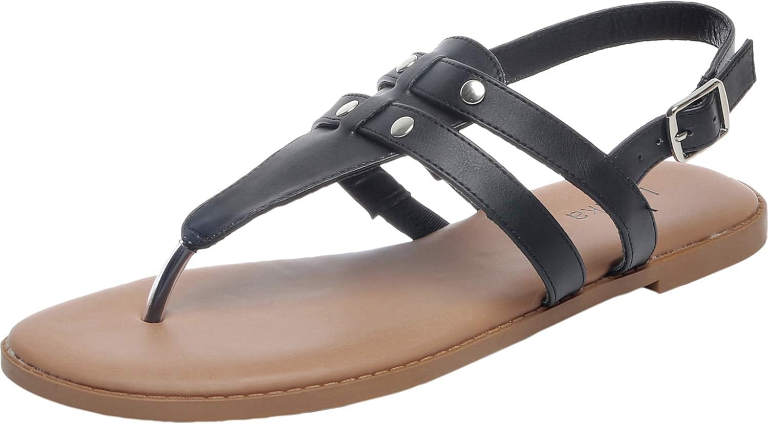 Luoika Women's Wide Width Flat Sandals Flexible Buckle Thong Rivet