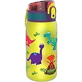 Ion8 Leak-Proof Kids Water Bottle, 350ml/12oz, Dinosaur - BPA-Free Odor Resistant Recyclon Polymer with One-Touch Flip Lid, Carry Loop, No Straw - Dishwasher Safe, Cupholder/Backpack Friendly