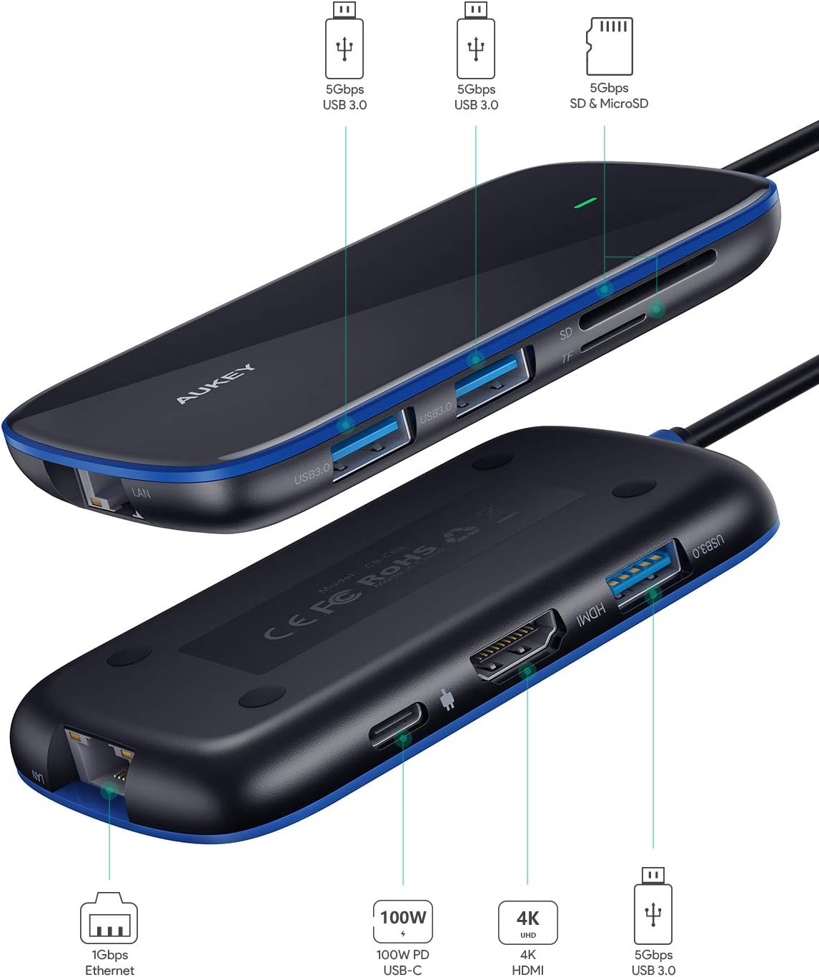 USB C Hub AUKEY 8 in 1 Aluminum-Glass Type C Hub with Ethernet Port,4K USB C to HDMI, 3 USB 3.0 Ports, 100W USB C PD Charging, SD/TF for MacBook, Chromebook and Other USB C Laptops: Computers & Accessories