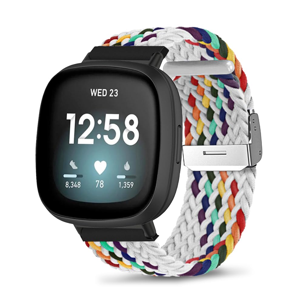 ZoRoll Braided Strap for Fitbit Versa 4/Versa 3/Fitbit Sense 2/Sense, Elastics Nylon Adjustable Sport Replacement Band Compatible with Fitbit Versa 4/Versa 3/Sense 2/Sense - White Rainbow
