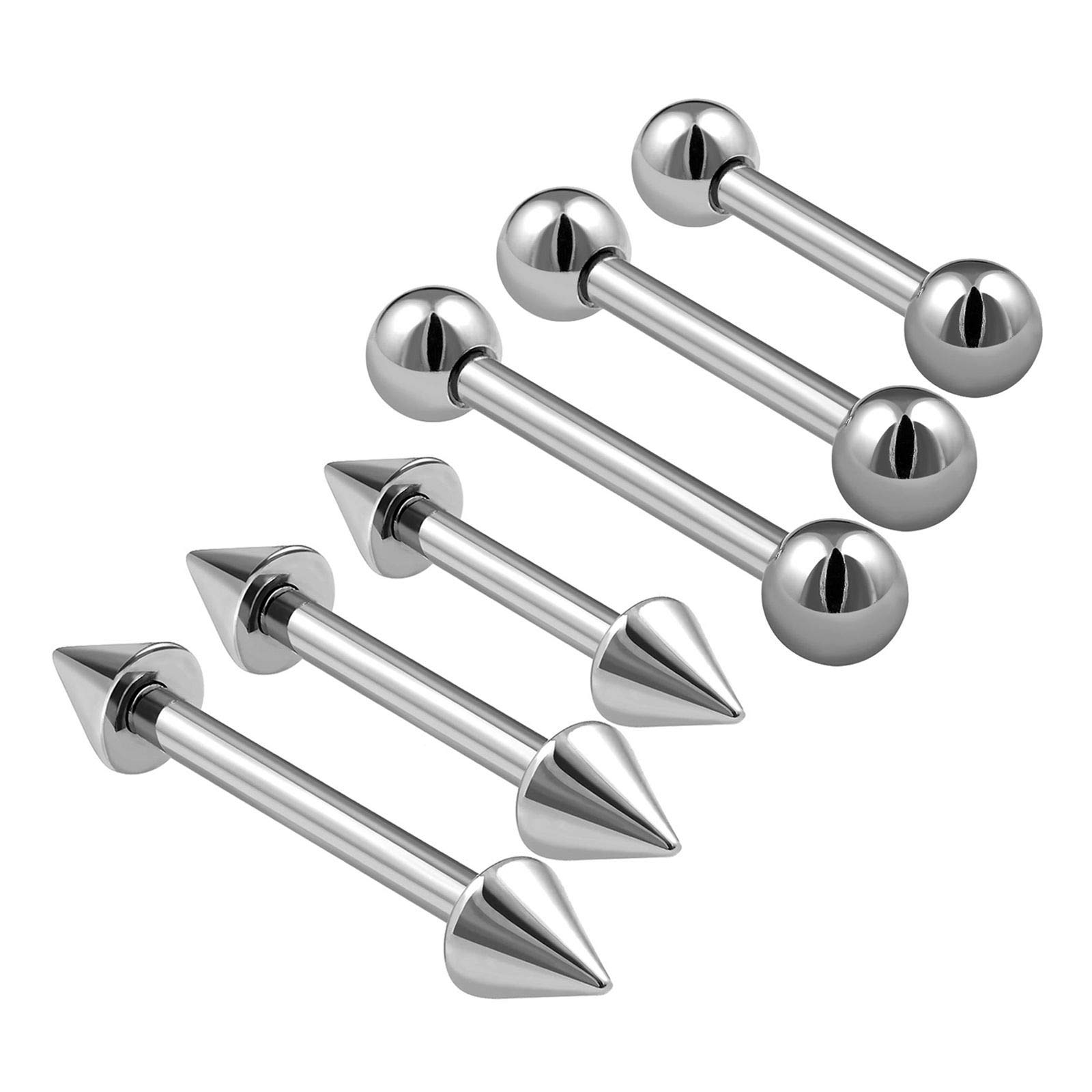 KJM FASHION 6PCS Surgical Steel Barbell Earrings 16g 6mm 8mm 10mm 3mm Ball Spike Tragus Conch Earrings Eyebrow Piercing Jewellery 0686