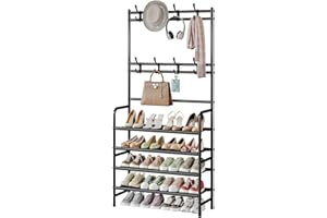YIZAIJIA Coat Rack Shoe Rack With Storage Shelf Freestanding with 8 Hooks for Entryway Bedroom Closet 4 Tier, Black