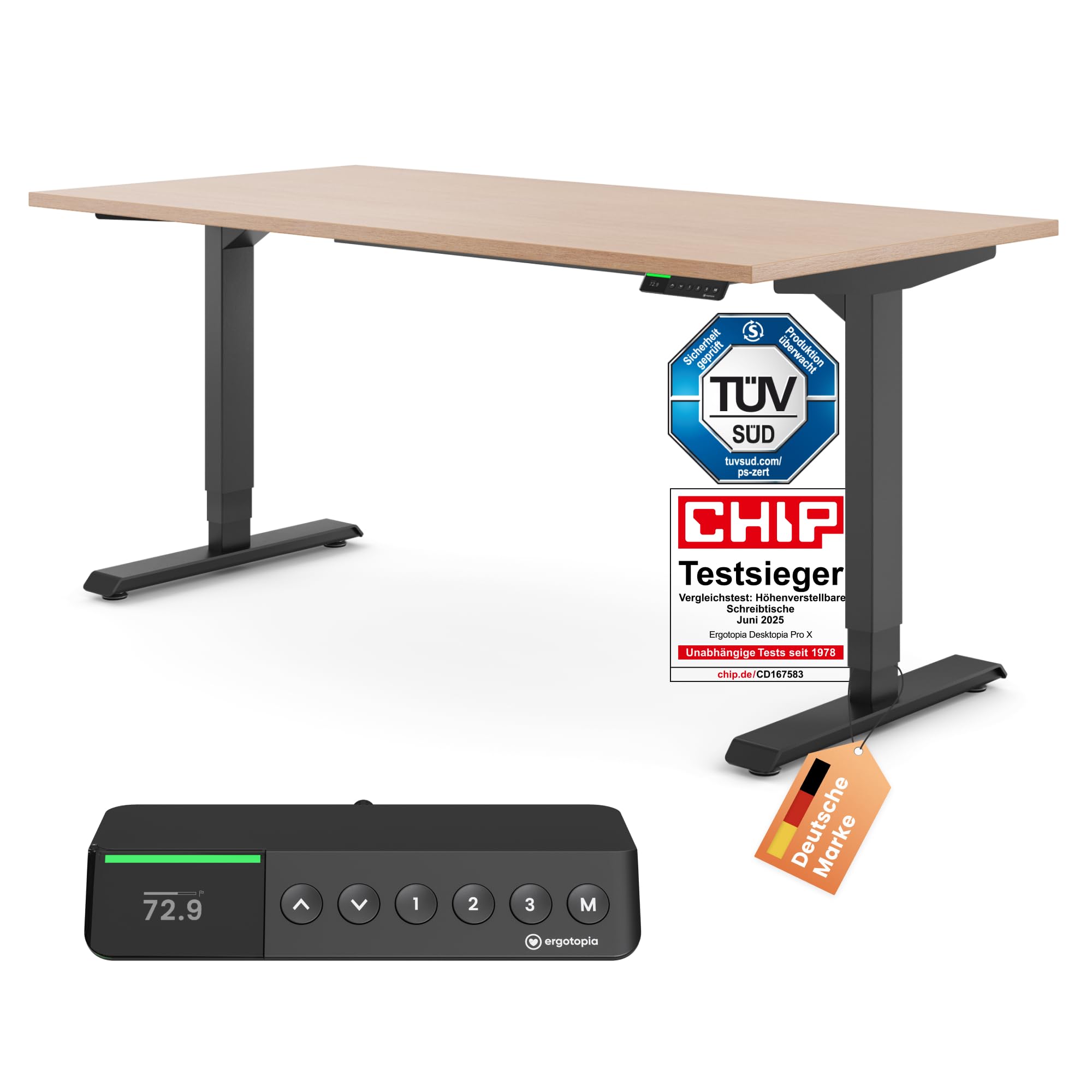 Ergotopia Desktopia Pro X Elektrisch höhenverstellbarer Schreibtisch, Ergonomischer Stehtisch für Büro oder Home Office (Buche, Gestell Schwarz, 120 x 80 cm)
