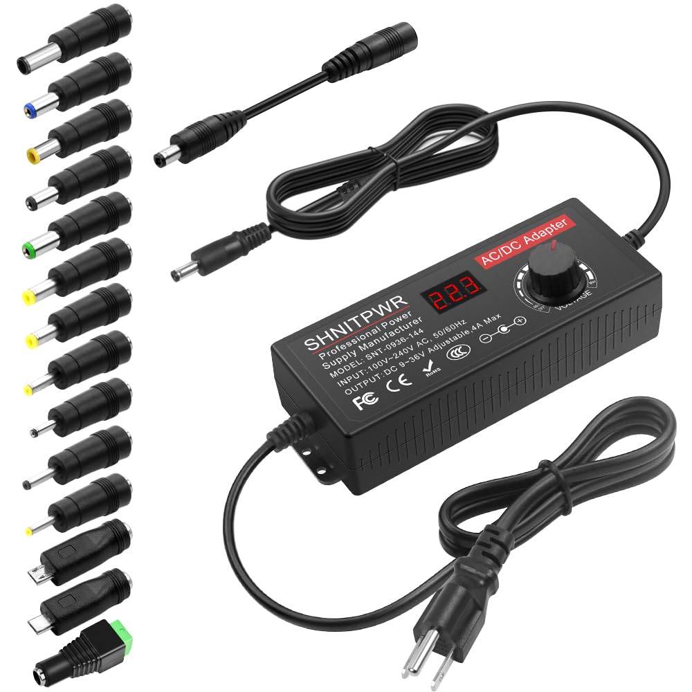 SHNITPWR 144W Universal Power Supply Adjustable DC 36V 30V 24V 20V 19V 14V 12V 9V AC/DC Adapter 100V~240V AC to DC Variable Power Converter 9V ~ 36V 4A 144W Power Adapter with 14 Tips 5.5x2.5mm