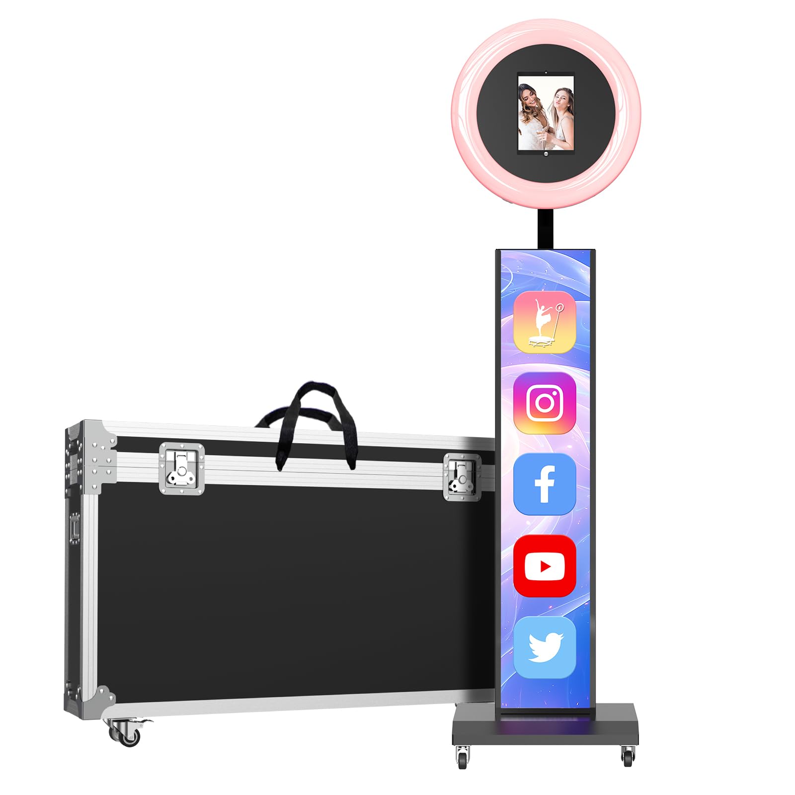 Photo 1 of MWE Portable Photo Booth Machine Stand Compatible with Any Ipad with Software APP and Remote Control, RGB Ring Lights Music Sync, Free Custom Logo,Flight Case with Wheels (Black, Light Box)