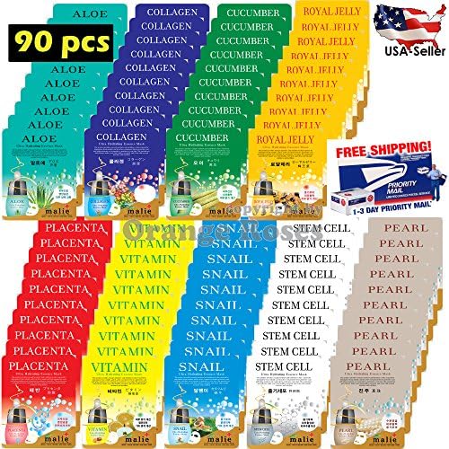 [OBS lab] 90 pcs Ultra Hydrating Essence Mask, 15 Minute Skincare, Korean Facial Msk Sheet ( 10 x 9 Types), ---- Aloe,Collagen,Cucumber,Pearl,Placenta, Royal Jelly, Snail,Stem Cell,Vitamin
