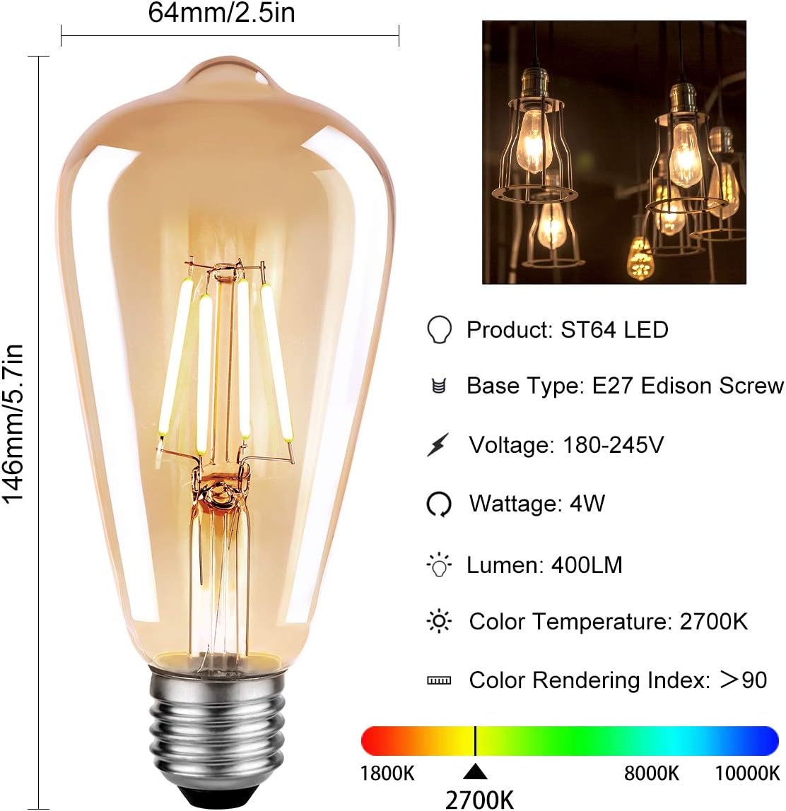 Edison Light Bulb, 4W LED Vintage Bulbs E27, Retro LED Filament Bulb Amber Glass Edison Screw Lamp ST64 - Image 5