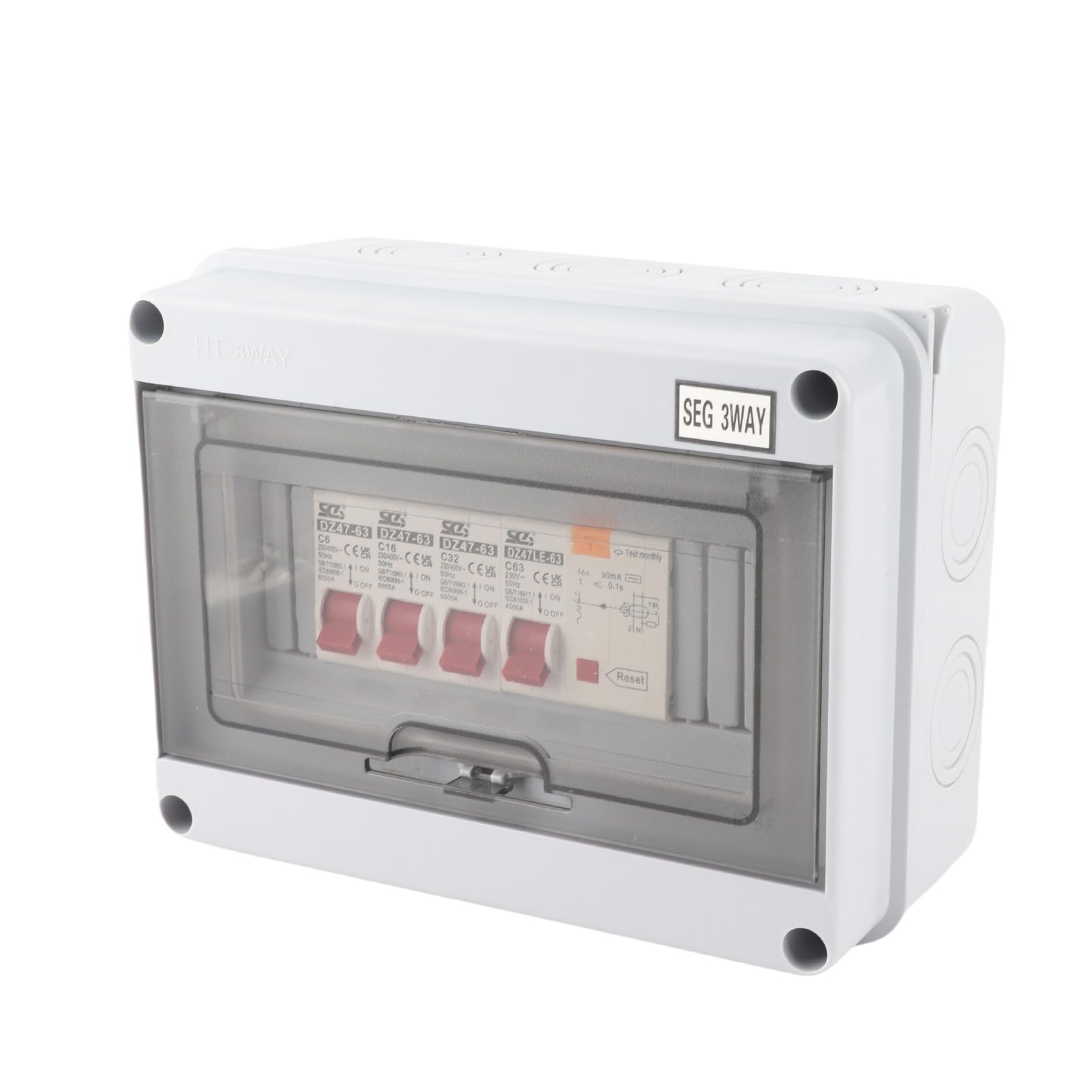 3 Way Garage Caravan Consumer Unit, 63A 30mA RCD + 3MCB(6A+16A+32A) High Breaking Capacity Box for Garages, Caravans, Workshops, Outbuildings