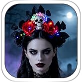 Aiosy Light Up Halloween Flower Headbands LED Pearl Skull Hairbands Gothic Leaf Headpieces Luminous Rose Rave Costume Party Hair Accessories for Women