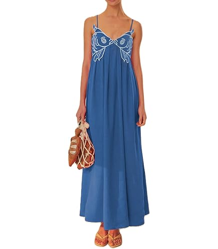 koi fish maxi dress Embroidered Spaghetti Strap Flowy Women Long Cami Summer Vacation Beach V Neck Backless Sundress(Blue,S) at Amazon Women's Clothing store Sleeve Length:ONE SHOULDER Missoni 2000s Purple and From morning errands to Color:Warm Golden Brown