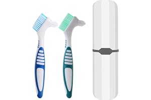 EXEXIUO 2Pcs Denture Cleaning Brush Kit with 1 White Carrying Case Multi-Layered Soft Bristles Denture Cleaner Ergonomic Rubber Handle (Green and Blue)