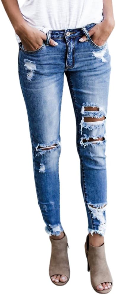 Womens Juniors Distressed Ripped Boyfriend Skinny Denim Ankle Length Jeans