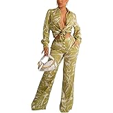 Women's Sexy 2 Piece Outfits Long Sleeve Button Down T-Shirt Blouses Crop Tops Long Pants Floral Print Tracksuits Sets