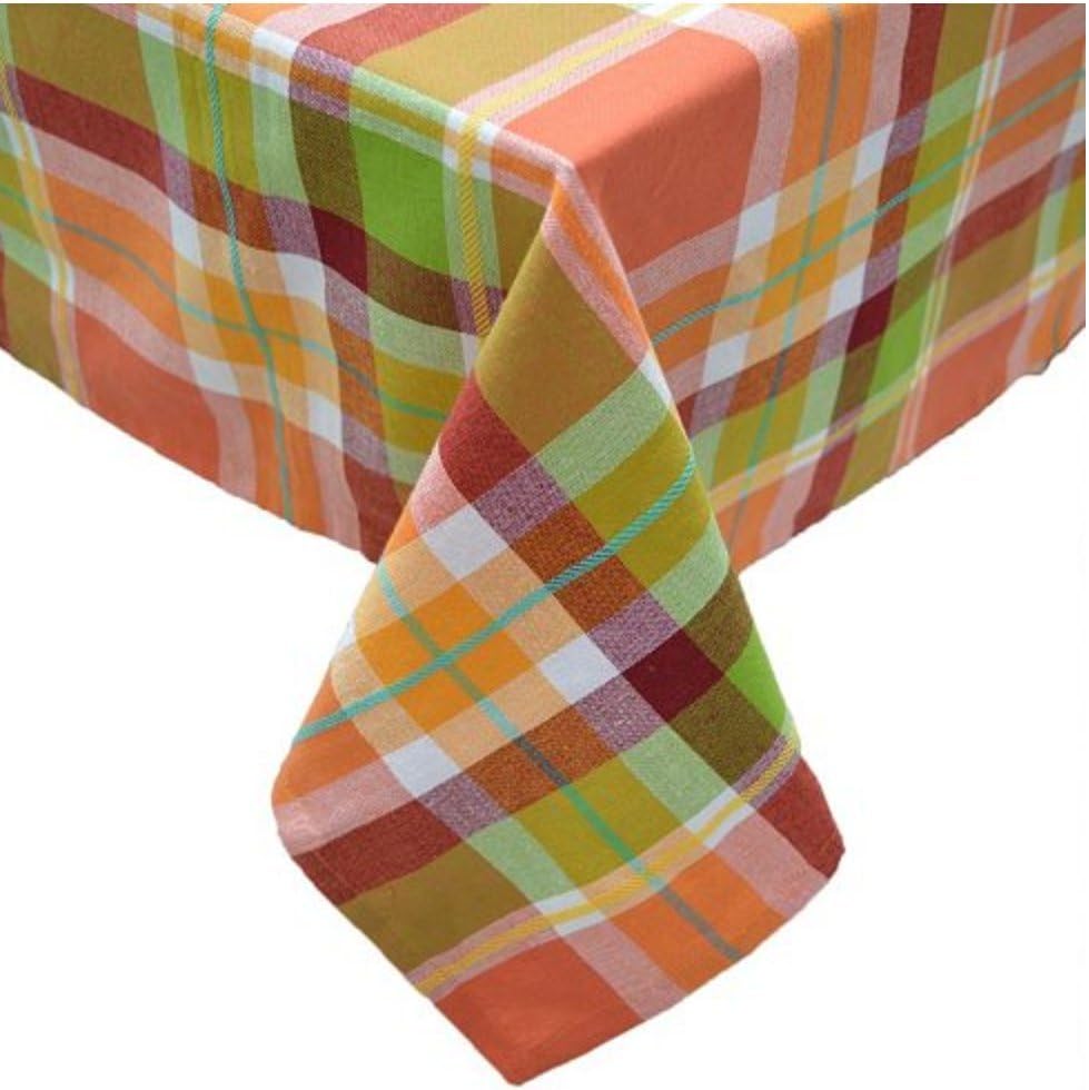 Fall Together Bright Orange Green Red Plaid Fabric Tablecloth (70" Round, Warm Colors)