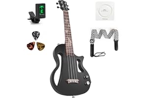 Silent Ukulele, Lotkey 26 Inch Okoume Body Electric Ukulele for Practice or Performances with AMP Output Italian Nylon String w/Tuner Strap & Full Accessories (Black)