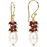 Gempires Fresh Pearl Drop Earrings for Women | 14K Gold Plated Pearl & Gemstone Bead Dangle Earrings | Hypoallergenic French Hook Earrings | Available in Amethyst, Carnelian, Red Garnet, Amazonite & More