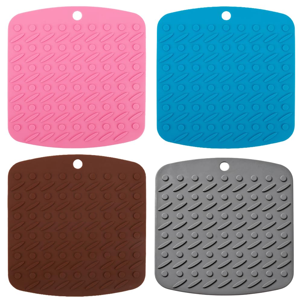 GORGECRAFT 4 Colors Silicone Trivet Mat Hot Pot Holder Non Slip Square Rubber Pads Heat Resistant Coaster Hot Pan Pads for Kitchen Tablemat Countertops Plate Dishes Coffee Grey Pink Blue
