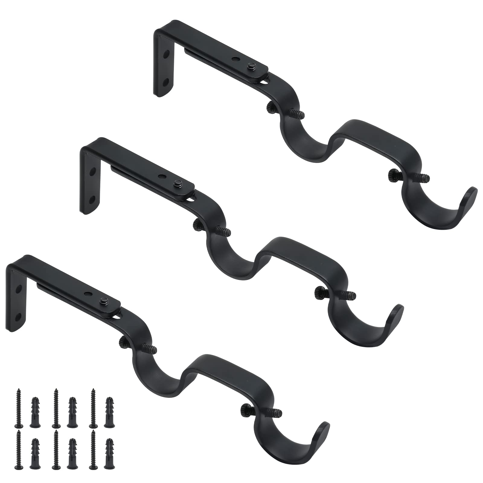 Photo 1 of Augiimor 3PCS Black Curtain Rod Bracket, Adjustable Heavy Duty Double Curtain Hanging Brackets, 1Inch Rod, Black