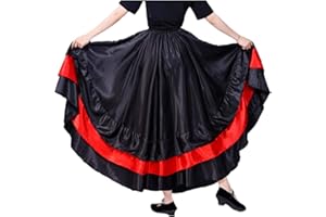 BACKGARDEN Women Black Red Layers Satin Long Skirt for Spanish Flamenco Belly Dance Mexico Ballet Folklorico Performance