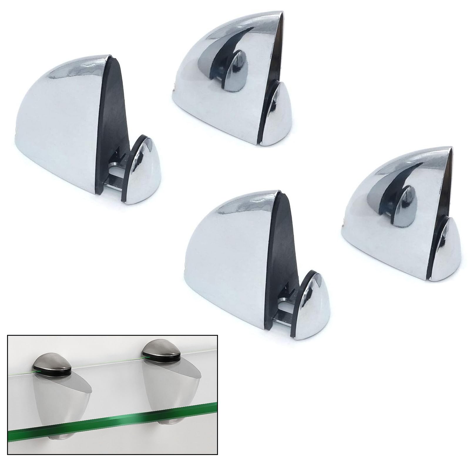 AWEN Set of 4 Glass Clamps, Wood/Glass Shelf Bracket, Glass Support Wood Holders, Fish Mouth Shape Clip, Adjustable Clamping 3-20mm Thickness, Zinc Alloy Chrome Finished