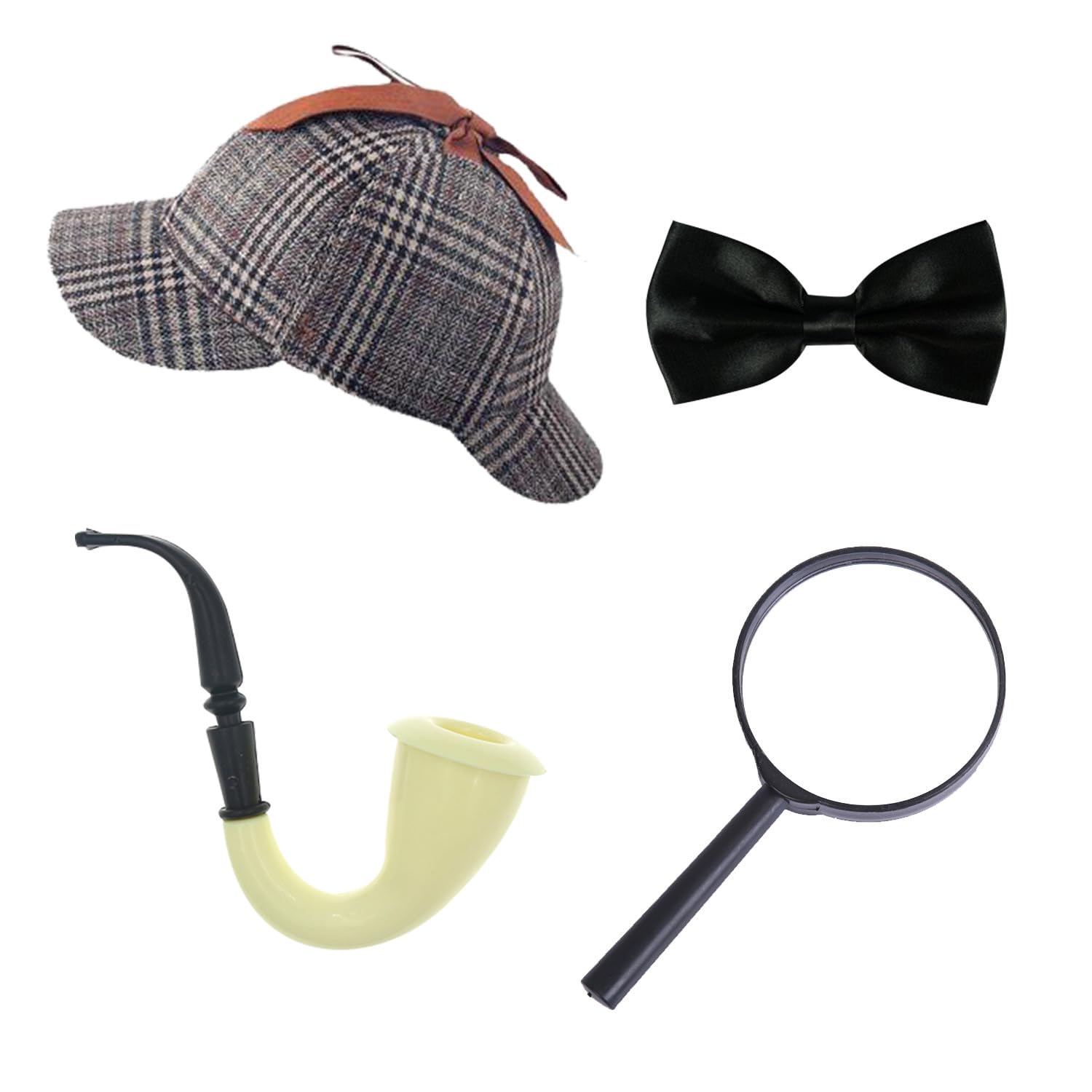 BORFUE 4Pcs Sherlock Holmes Costume Set Deerstalker Hat Magnifying Glass Look Pipe Tie for Masquerade Detective Party