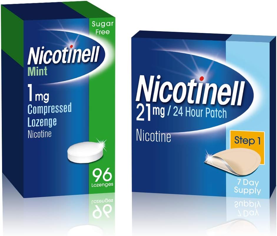 Nicotinell Nicotine Patch & Lozenge, Quit Smoking Aids, Includes 1 mg Lozenges (96 Pieces) & Step 1, 21 mg Patches (7 Patches)