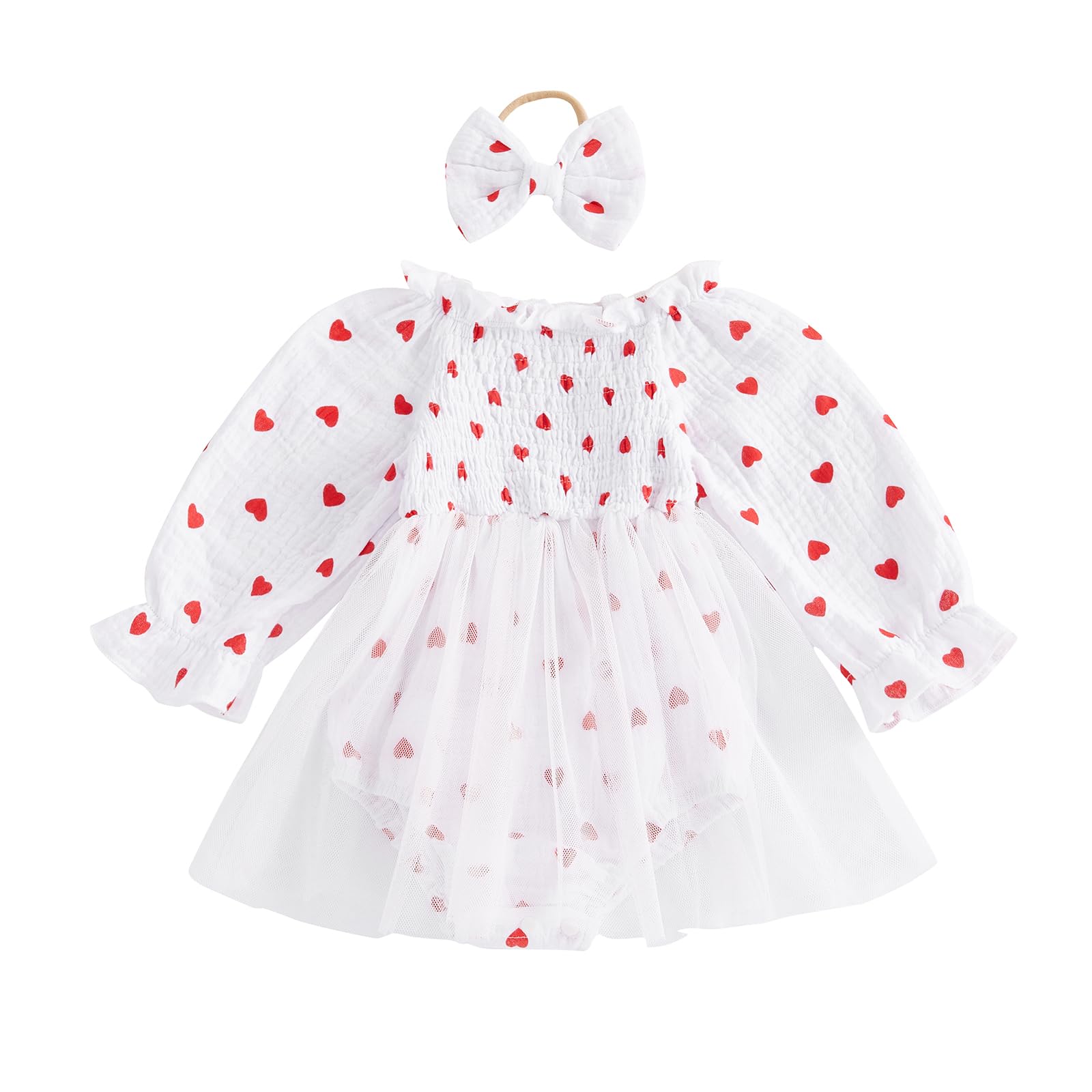 Photo 1 of ***DIRTY****   Baby Girl Valentines Dress Heart Puff Sleeve Cotton Linen Tulle Romper Dresses Newborn Valentines Outfit (White, 12-18 Months)