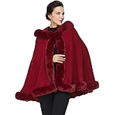 SUFCOMOU Poncho Hooded Shawl Wrap Women Cape Winter Faux Fur Trim Coat Sleeveless Cardigan Dressy Cloak for Party
