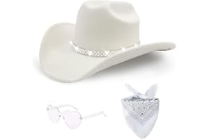 ONECOS 3Pcs Rhinestone Cowboy Hat for Women with Bandana, Heart Sunglasses set, Wide Brim Cowgirl Hat for Western Disco Party