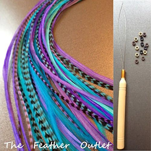 10 Hair Feathers and Beads, 100% Real Rooster Feather Hair Extensions, Long Grizzly, Real, Purple, Blue, SHS KIT