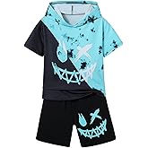 WDIRARA Boy's Two Piece Graphic Print Hooded Neck Tops and Track Shorts Clothing Set