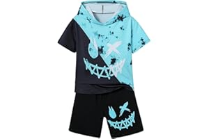 WDIRARA Boy's Two Piece Graphic Print Hooded Neck Tops and Track Shorts Clothing Set