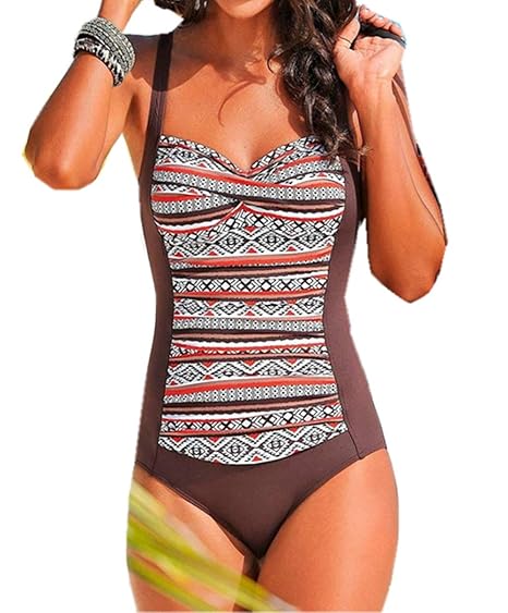 ZIYYOOHY Retro Badeanzug Bauchweg Figurformend Bandeau Einteiler One Piece Monokini Große Größen Tankini
