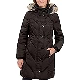 LONDON FOG womens 36" Snap Front Down Coat With Multi Pattern Quilt and Hood