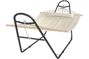 Outsunny Wide Hammock with Stand, Heavy Duty Camping Hammock for 2 Adults with Detachable Pillow, Steel Frame and Spreader Ba