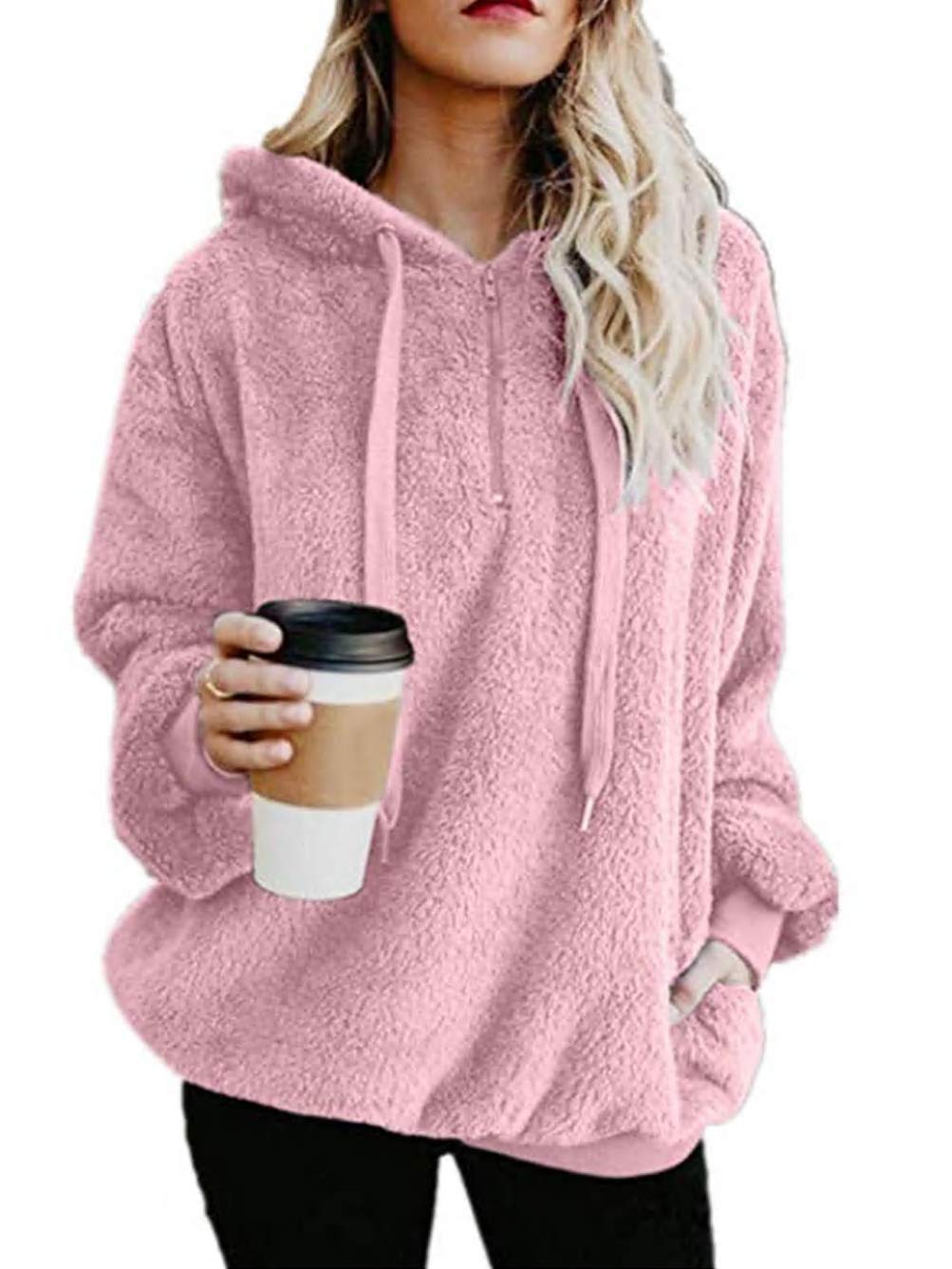 Womens Warm Zip Up Fleece Hoodie Fluffy Jumper Sweatshirt Pockets