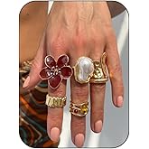 Chstarhy Chunky Statement Gold Rings Set for Women Vintage Stackable Knuckle Rings Flower Baroque Pearl Adjustable Ring Set Y2k Bohemian Retro Jewelry