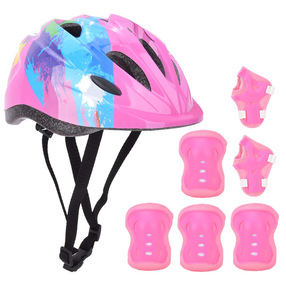Oumefar 7pcs Kids Bike Helmet Set Knee Pads, Kids Skating Bike Protective Gear Set Safety Helmet Knee Elbow Wrist Pad for 3~10yrs Boys Girls (Pink Flower), Oumefar61a7i0mwqs-11