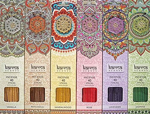 Karma Scents Premium Incense Sticks 6 Set Pack, Lavender, Patchouli, Vanilla, Sandalwood, Jasmine, and Rose. Each Pack Comes with a sparkley Holder in Each Box 240 Sticks