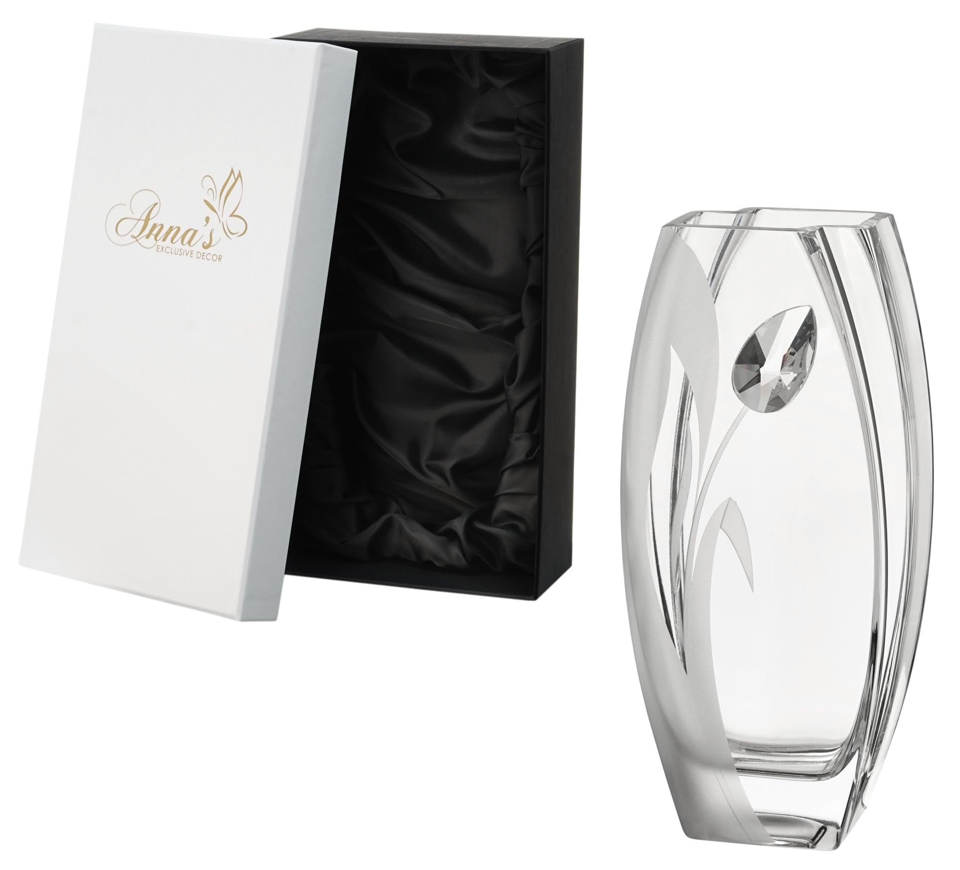 Luxury Handmade Glass Vase - Decorated with Large Premium Crystal, Etched Tulip Flower – ECO Satin Lined Gift Box – Diamond Collection - Clear Decorative Vase, H 26 cm (10.2 in)