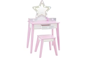 Teamson Kids Star Vanity Set with LED Lights for Girls, Pink 2-Piece Kids Makeup Table with Mirror, 3 Storage Drawers & Matching Stool for Bedroom or Playroom, Ages 3+ Safe