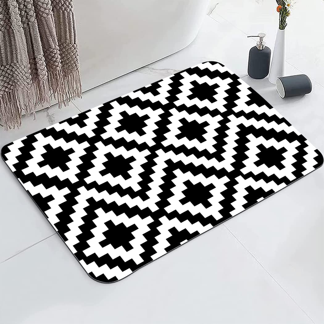 YISUMEI Bathroom Mat, Non-Slip Super Absorption Bath Carpet with Rubber Backing, Fit Under Bathroom Doormat Floor Rugs for Shower Buthtub,17"x24",Geometric Grid Black and White — image 1