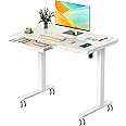 JYLH JOYSEEKER Glass Small Standing Desk with Drawer, 35" x 20" Whole Piece Electric Sit Stand Table, Height Adjustable Desk with Storage & USB Ports, Quick Install Home Office Computer Desk, White