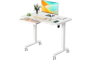 JYLH JOYSEEKER Glass Small Standing Desk with Drawer, 35" x 20" Whole Piece Electric Sit Stand Table, Height Adjustable Desk with Storage & USB Ports, Quick Install Home Office Computer Desk, White