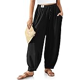 TARSE Women’s Linen Harem Pants Wide Leg Boho Casual Trousers Loose Fit Lounge Beach Travel Pants