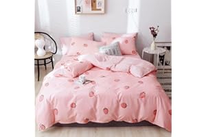 VM VOUGEMARKET Girls Duvet Cover Twin Size,Strawberry Fruit Duvet Cover Set,Soft Cotton Pink Striped Bedding Set for Teen Girls Lovely Home Bedding Collection no Filling